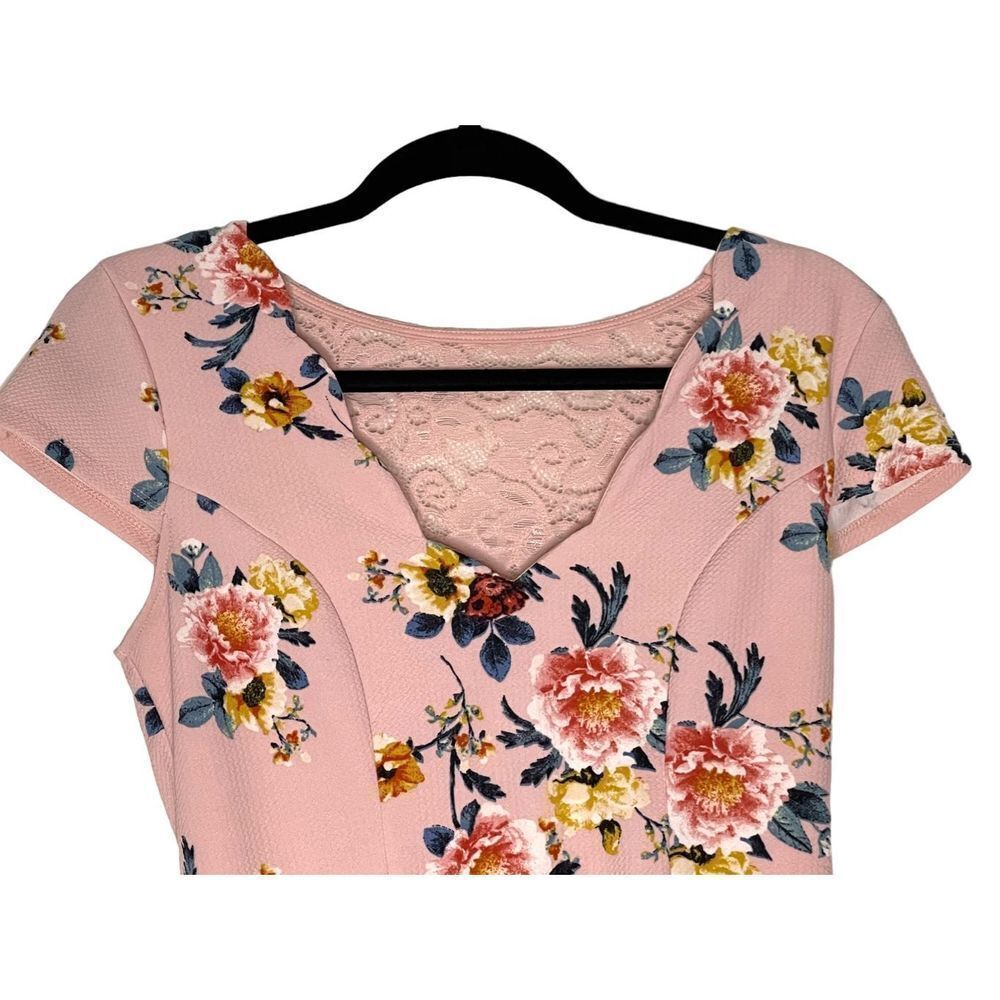 THREE PINK HEARTS | LACE BACK SKATER MINI‎ DRESS PINK FLORAL L - Picture 3 of 9